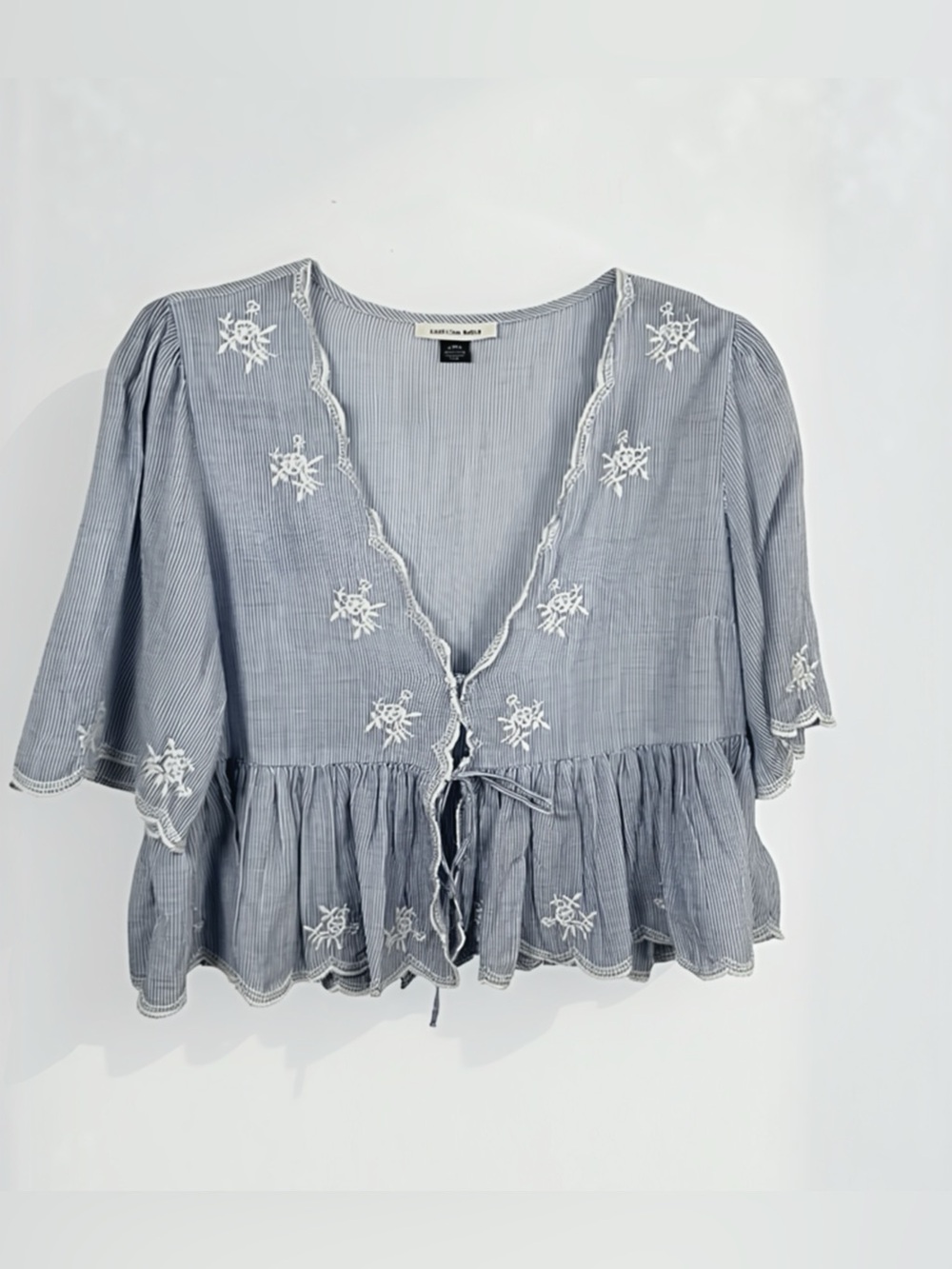 American Eagle Blue & White Embroidered Peplum Tie Front Top | Size Small Cotton - Picture 2 of 5